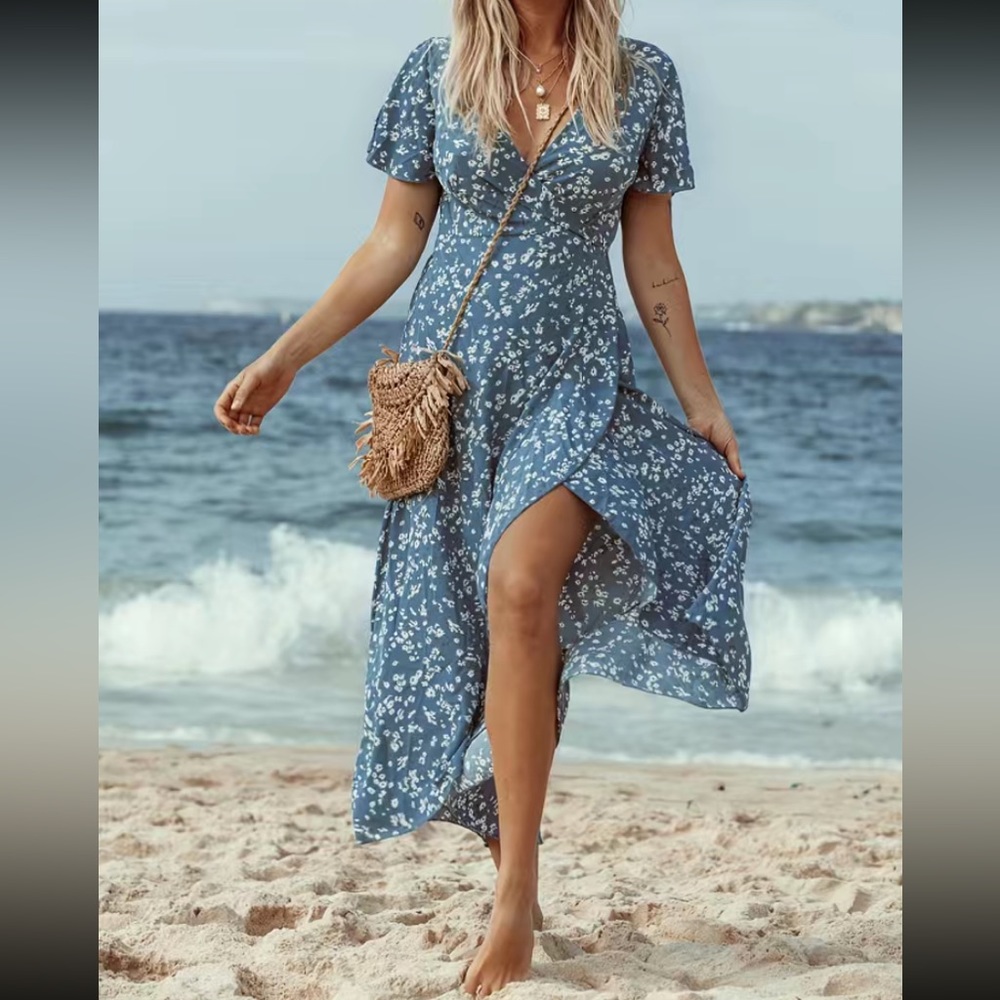 Boho-Chic V Neck Ruffle Floral Print Maxi Dress